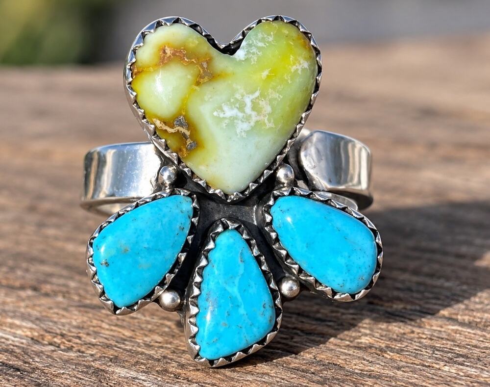 Native Style Turquoise Palomino Sterling Silver Cluster Heart Ring Adjustable